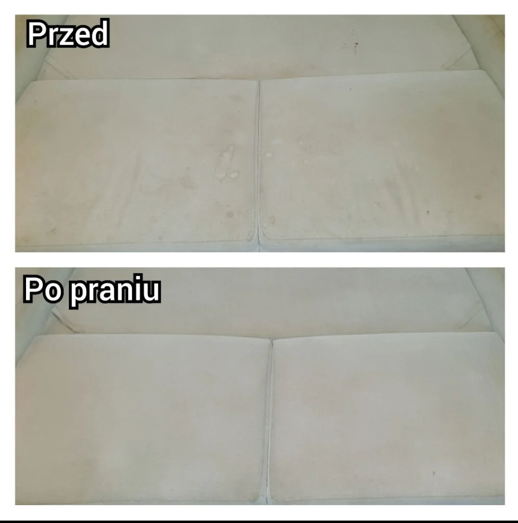 Jasna tapicerka - silnie poplamiona (na górze) oraz jak nowa - po wypraniu przez firmę Solid Work (na dole)