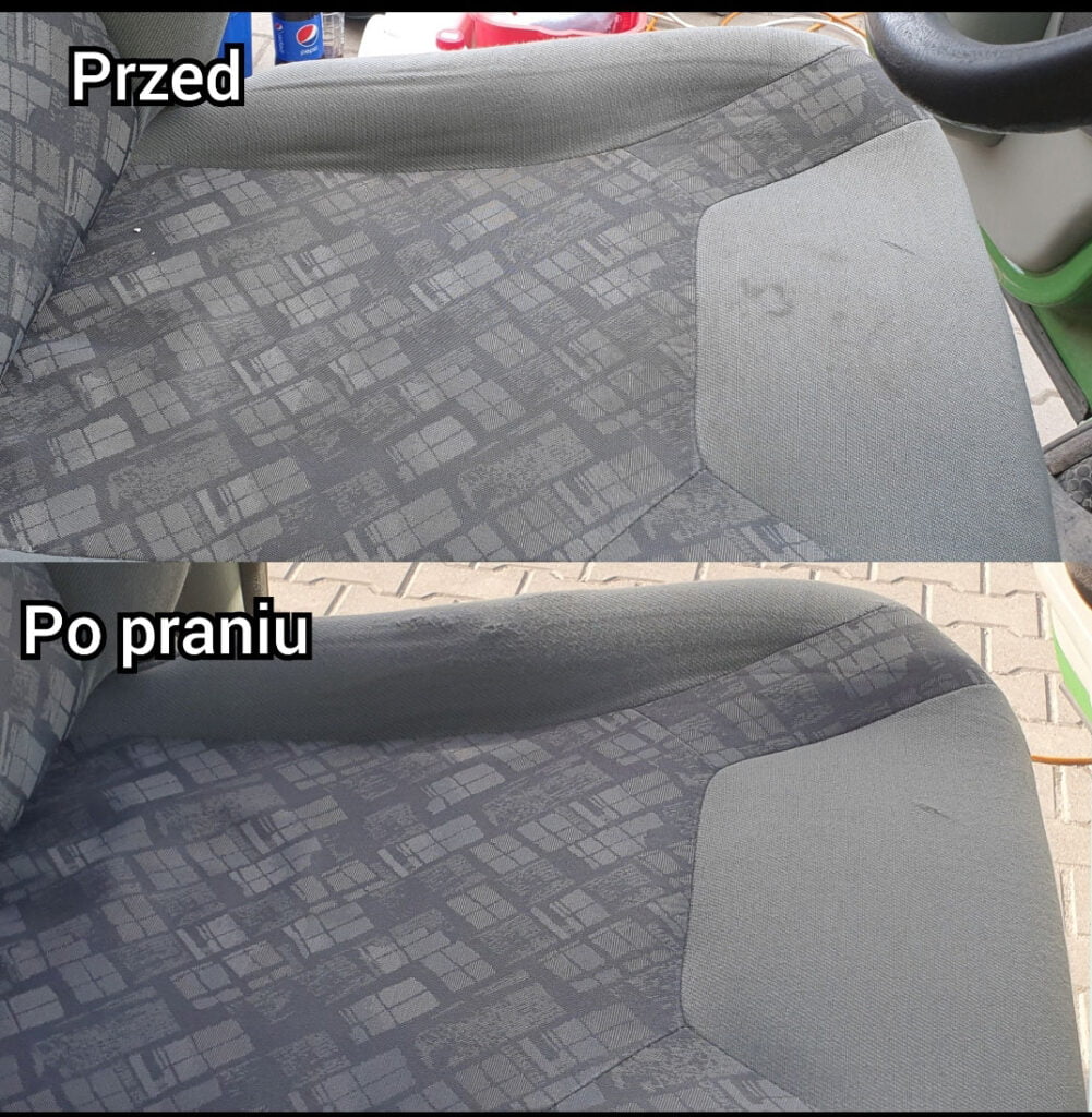 Szara tapicerka na siedzeniu kierowcy w samochodzie - silnie poplamiona (na górze) oraz jak nowa - po wypraniu przez firmę Solid Work (na dole)