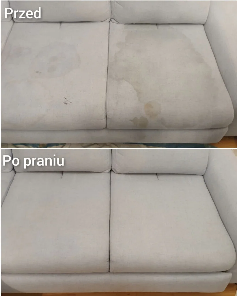 Jasnoszara tapicerka kanapy silnie poplamiona (u góry) oraz jak nowa - po wypraniu przez firmę Solid Work (na dole)