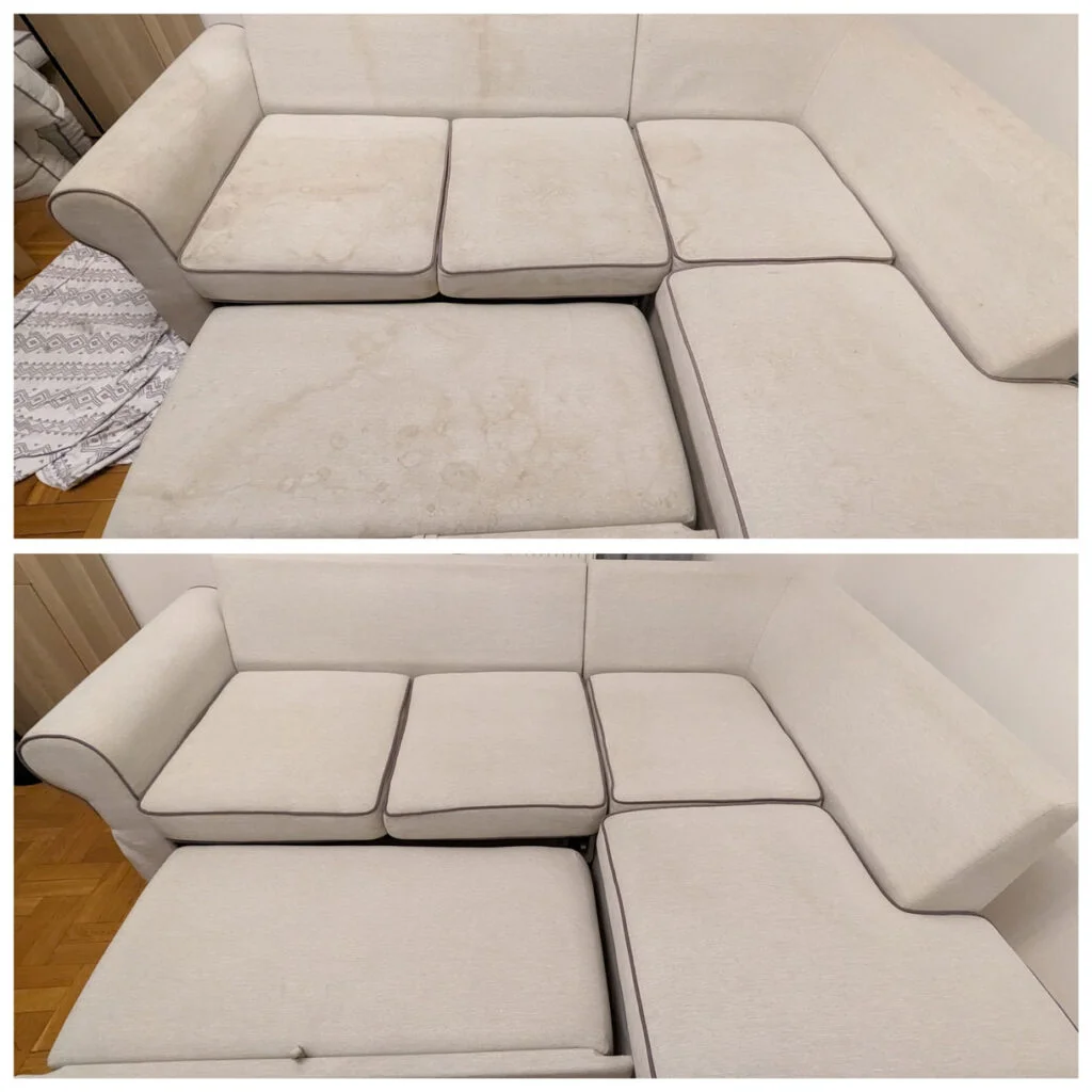 Jasna tapicerka rozkładanej kanapy do spania - silnie poplamiona przed czyszczeniem (na górze zdjęcia) oraz jak nowa - po wypraniu przez firmę Solid Work (na dole)