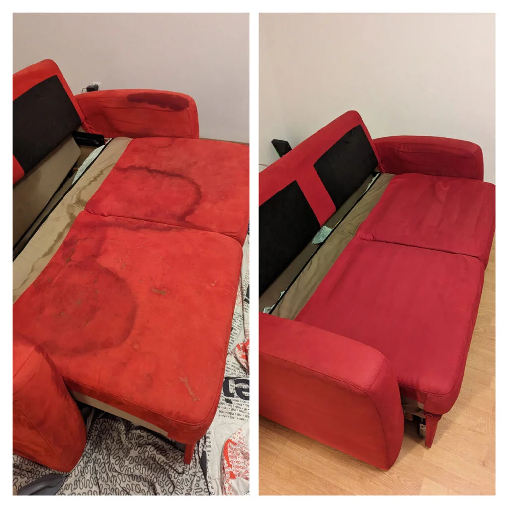 Czerwona sofa rozkładana - z lewej silnie zabrudzona, a z prawej - wyczyszczona przez firmę Solid Work, plamy zniknęły, a kolor odzyskał świeżość
