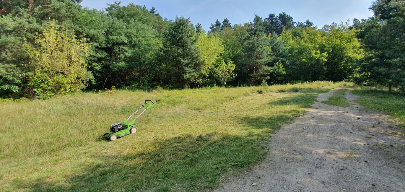 Kosiarka na dużym obszarze trawnika porośniętego trawą i chwastami